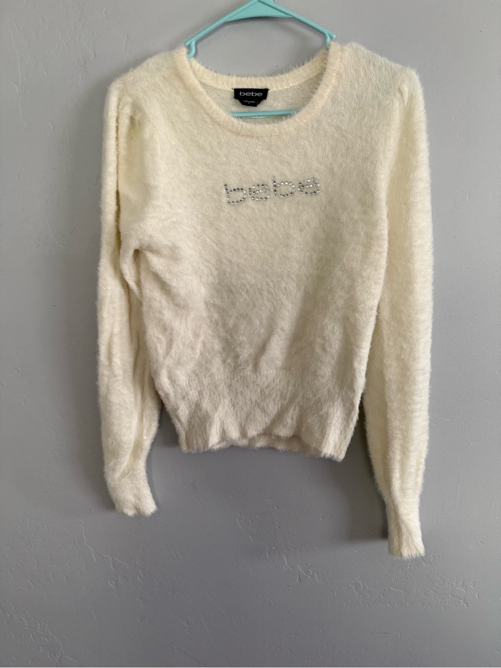 bebe Cream Fuzzy Rhinestone Logo Crewneck Sweater